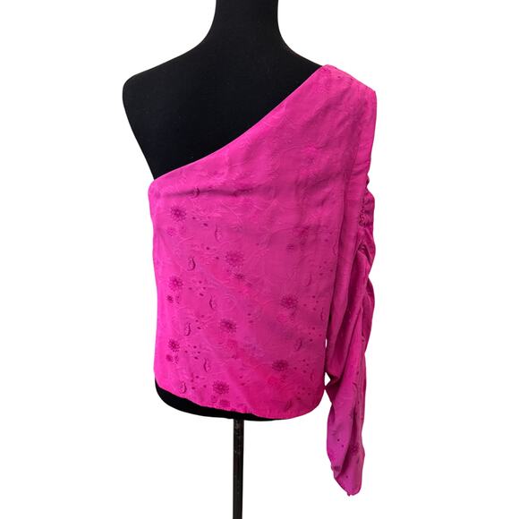 New TOPSHOP NORDSTROM Pink Flower Print Jacquard One Shoulder Top Size 8 - Picture 5 of 8